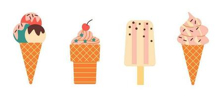 Set of fruit popsicle isolated on white background. Ice cream with sprinkles and chocolate. Vector illustration.