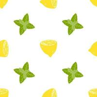Seamless pattern with lemons and mint. Vector background with hand drawn citrus fruits for wrapping paper, textile, print, card