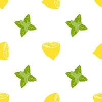 Seamless pattern with lemons and mint. Vector background with hand drawn citrus fruits for wrapping paper, textile, print, card