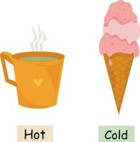 learning the opposite adjectives cold and hot. cold delicious ice cream and hot tea. a mug of tea and pink ice cream. cold and hot, opposites vector