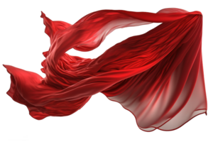 een levendig rood zijde kleding stof sierlijk golven tegen een Doorzichtig, transparant achtergrond net zo het drijft door de lucht.generatief ai png