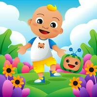 a Boy Playing in the Colorful Garden vector