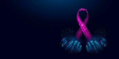 dos manos humanas sostienen la conciencia de la cinta rosa. concepto del mes de concientización sobre el cáncer de mama. ilustración vectorial abstracta sobre fondo azul oscuro. vector