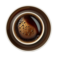 The image depicts a top-down view of a cup of coffee, with a realistic appearance and placed on a transparent background. png