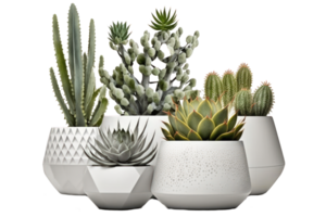 This image displays a collection of stunning plants housed in delicate ceramic pots, all suspended against a clear and transparent background. png