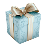 une étourdissant bleu cadeau boîte avec une magnifique arc cette est assis élégamment un haut il, tout ensemble contre une transparent arrière-plan.génératif ai png