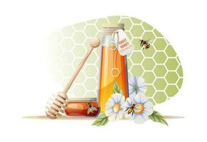 A jar of honey with a wooden spoon, flowers and bees on a green background. Poster, banner for honey product. vector