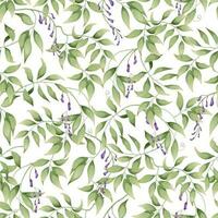 Seamless pattern with green leaves and small purple wisteria flowers on a white background. Great for textile, fabric, wrapping paper, wallpaper. vector