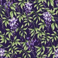 Seamless pattern with purple wisteria and green leaves on a dark background. Great for textile, fabric, wrapping paper, wallpaper. vector