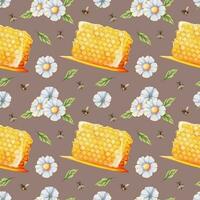 Seamless pattern with honeycombs, wildflowers and bees. Suitable for textiles, wrapping paper, wallpapers vector