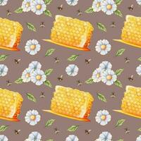 Seamless pattern with honeycombs, wildflowers and bees. Suitable for textiles, wrapping paper, wallpapers vector