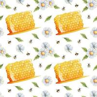 Seamless pattern with honeycombs, wildflowers and bees. Suitable for textiles, wrapping paper, wallpapers vector