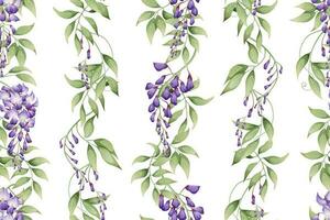 Seamless vertical pattern with purple wisteria and green leaves. Wallpaper, fabric, wrapping paper, scrapbooking paper. vector