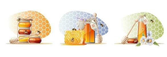 A set of illustrations with a jar of honey, a wooden spoon, bees and flowers on a multi-colored background in the form of a honeycomb vector
