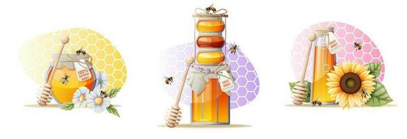 A set of illustrations with a jar of honey, a wooden spoon, bees and flowers on a multi-colored background in the form of a honeycomb vector