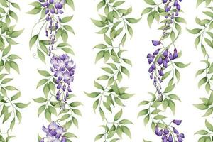 Seamless vertical pattern with purple wisteria and green leaves. Wallpaper, fabric, wrapping paper, scrapbooking paper. vector