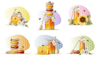 A set of illustrations with a jar of honey, a wooden spoon, bees and flowers on a multi-colored background in the form of a honeycomb vector