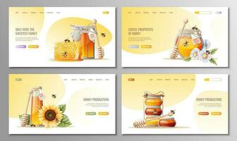 A set of web pages for a honey store, honey products. Honey jar, wooden spoon, bees and flowers. Suitable for website design, web banner, app vector