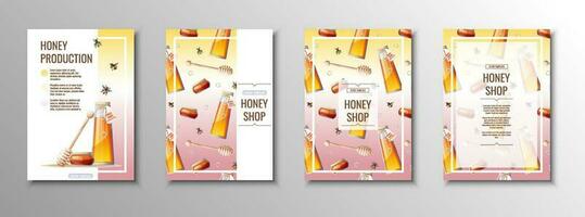 miel productos volantes colocar. miel comercio, miel banco, panales plantilla, cubrir, póster en a4 Talla para negocio vector