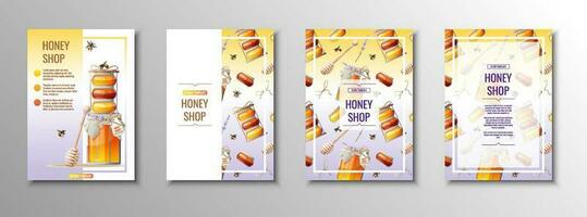 miel productos volantes colocar. miel comercio, miel banco, panales plantilla, cubrir, póster en a4 Talla para negocio vector