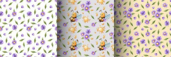 conjunto de sin costura patrones con gracioso abejas, flores, Miel. adecuado para niños s textiles, ropa, fondo de pantalla, papel vector