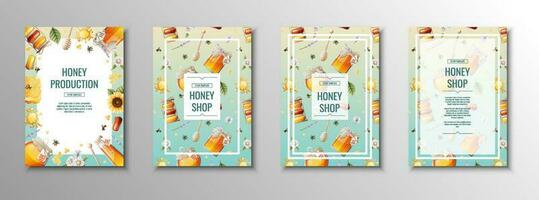 Honey products flyer set. Honey shop, honey bank, honeycombs. Template, cover, poster in a4 size for business vector