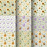 Set of seamless patterns with funny bees, flowers, honey. Suitable for children s textiles, clothes, wallpaper, paper vector