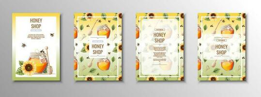 Honey products flyer set. Honey shop, honey bank, honeycombs. Template, cover, poster in a4 size for business vector