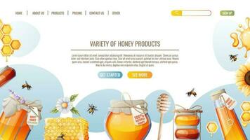 Honey products. Honeycombs, jar of honey, bees. Honey shop webpage design template. Vector illustration for banner, advertisement, web page, cover