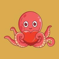 Cute octopus holding big heart Cartoon Sticker vector Illustration