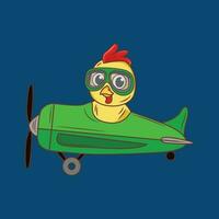 Cute Pilot chicken with airplane Cartoon Sticker vector Illustration