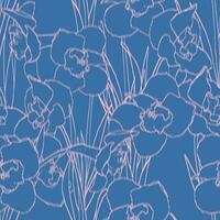 Pattern with double line daffodils. Linear vintage pink floral print on blue background vector