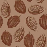 Pattern with cocoa pods on a beige background drawn with dark brown pencil vector