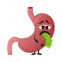 Cartoon stomach character. Concept diseased internal organ, vomiting and nausea. Vector illustration