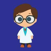 2d chibi dibujos animados médico profesor vistiendo lentes en pie con azul antecedentes vector