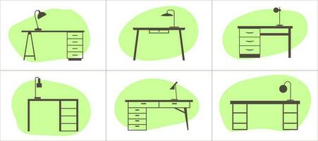 Set of icons of desks with table lamps. Vector illustration in flat design style.