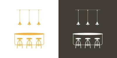 Kitchen interior silhouette with table and bar stools. Vector icon.