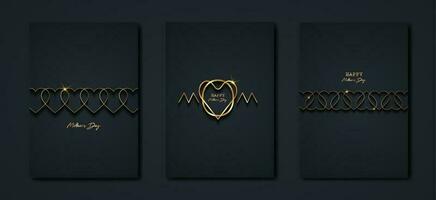 Happy Mothers day vector set greeting card. Gold Mom heart on black background. Golden holiday poster with text. Concept for mother's day banner, flyer, party invitation, gift shop, vertical templates