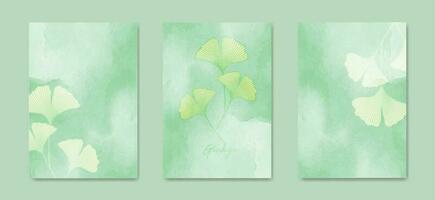 Ginkgo leaves with hand drawn watercolor illustration in vintage style. Set green card of floral pattern in vintage style. Vector Oriental floral banner design