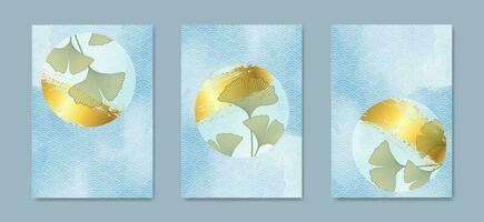 Ginkgo leaves with hand drawn watercolor illustration in Japanese wave pattern. Set card of floral pattern and gold texture. Vector Oriental floral luxury banner design