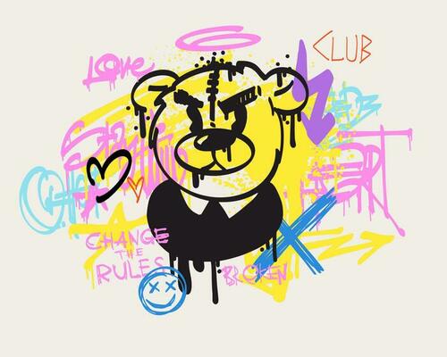 Urban typography slogan Change the Rules and bear doll with spray effect. Groovy Street art graffiti print with hearts for t shirt or sweatshirt. Abstract graphic underground unisex design.