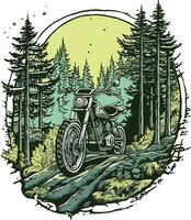motocicleta en frente de un bosque mano dibujado ilustración, motocicleta mano dibujado ilustración diseño, camiseta diseño ilustración vector
