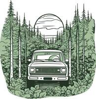 car in front of a forest Hand drawn illustration, car in front of a forest Hand drawn illustration vector