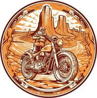 motocicleta en frente de un Desierto mano dibujado ilustración, motocicleta mano dibujado ilustración diseño, camiseta diseño ilustración vector