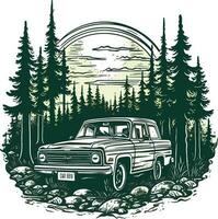 car in front of a forest Hand drawn illustration, car in front of a forest Hand drawn illustration vector