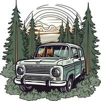 car in front of a forest Hand drawn illustration, car in front of a forest Hand drawn illustration vector