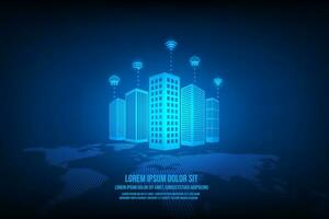 Vector technology internet of things with smart city concept. World map abstract blue background.