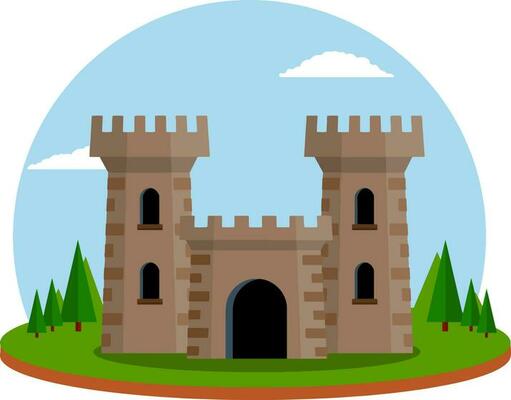 Medieval castle. Old fortress. European architecture and city centre. Military building of knight and king. Defense and reliability. Tower, wall and gate. Cartoon flat illustration. Cartoon landscape