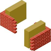 Red brick wall in isometry with layers of plaster and insulation. Material for home repair. Construction of buildings. Scheme of applying blue and yellow layer vector