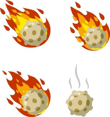 Meteor with trail of fire. Cartoon flat illustration. Set of Comet with tail. Dangerous space object. Big asteroid. Celestial object. Flying in sky. Stars and astronomy